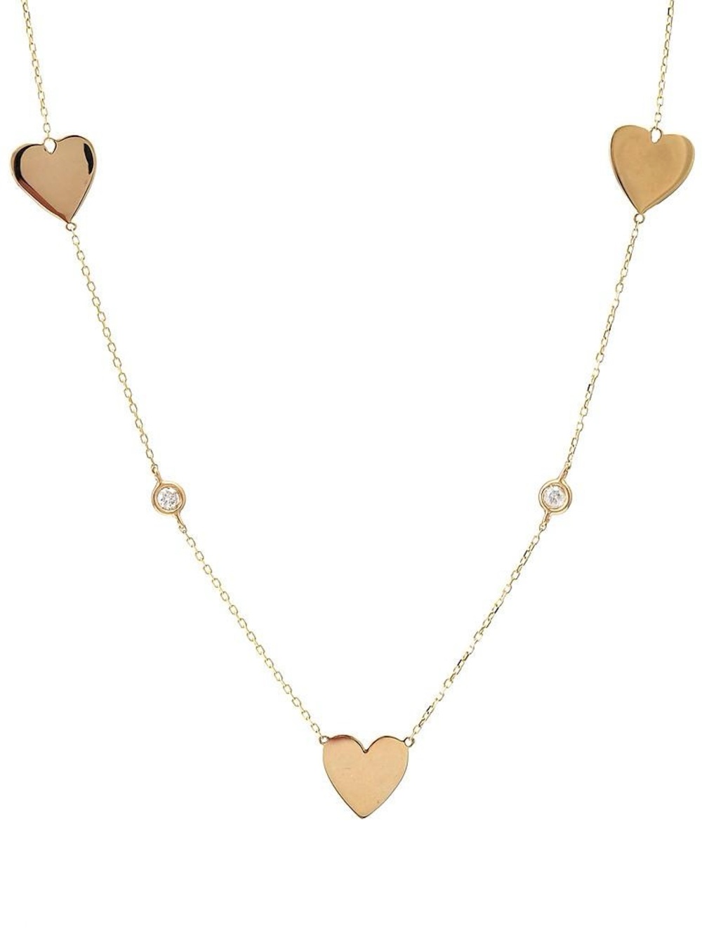 14K Real Yellow Gold 3 Heart Charms The Yard Full Bezel Diamond Necklace 16+2″